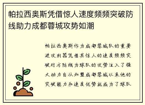 帕拉西奥斯凭借惊人速度频频突破防线助力成都蓉城攻势如潮